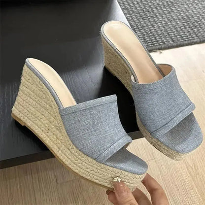 Rattan Weave Platform Wedges Sandals
