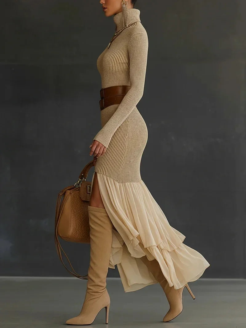 Knitted Turtleneck Bodycon Maxi Dress