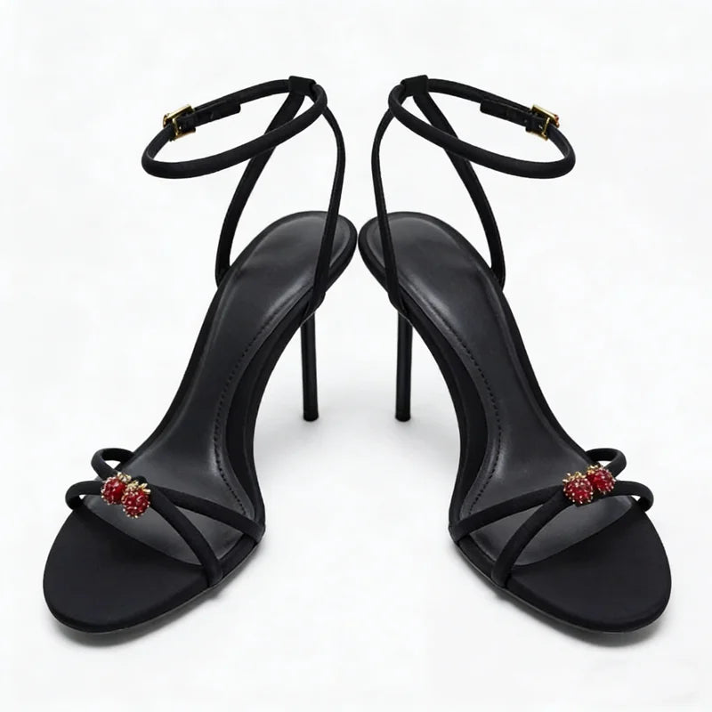 Black Ankle Strap Thin Heels Sandals