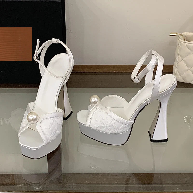 Buckle Strap Pearl Decor Pump Sandals