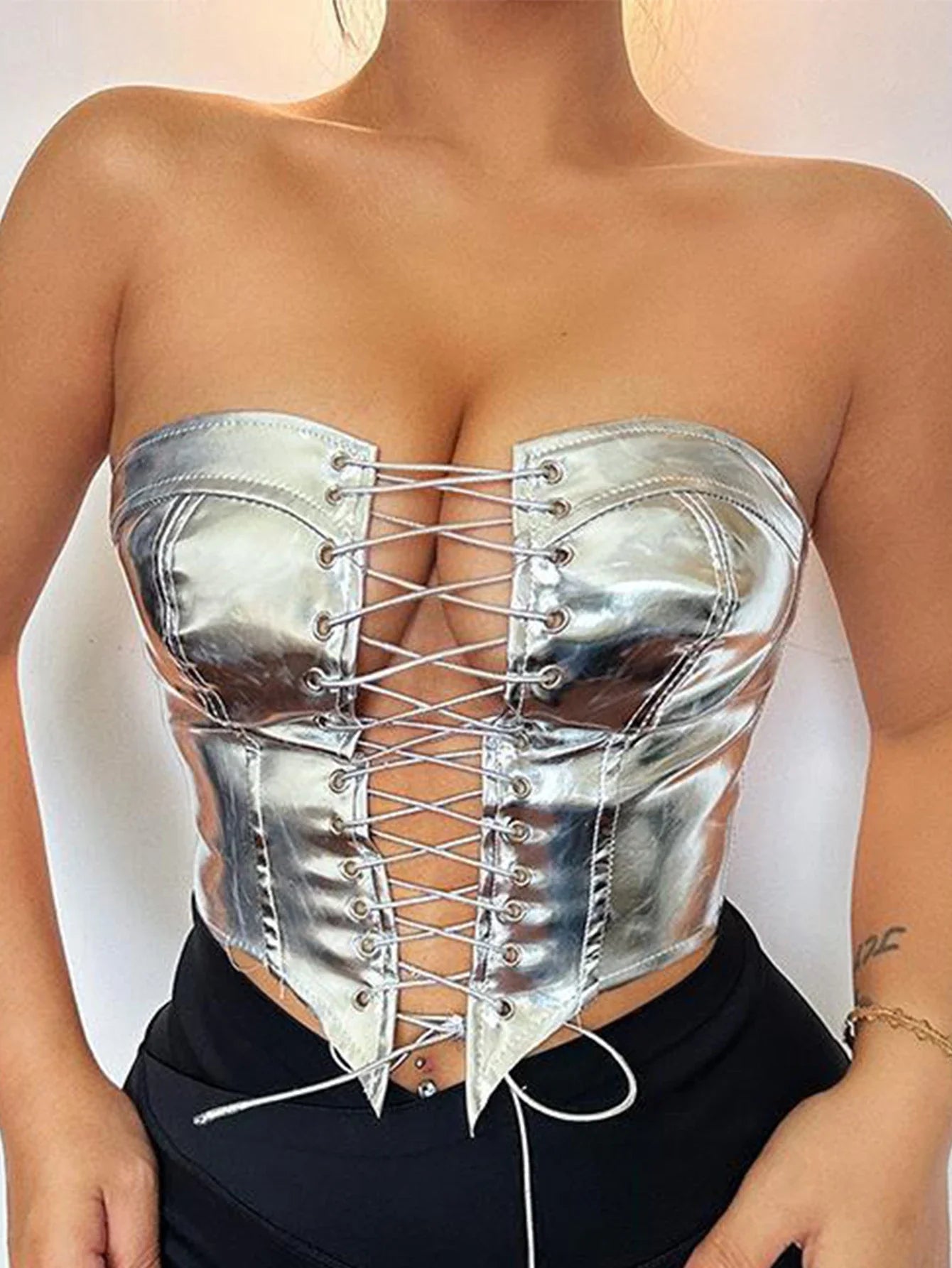 Metallic Color Lace-Up Front Crop Top