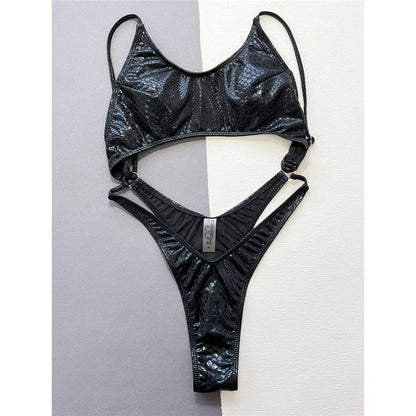 Black Snake Skin Tummy Cut Monokini