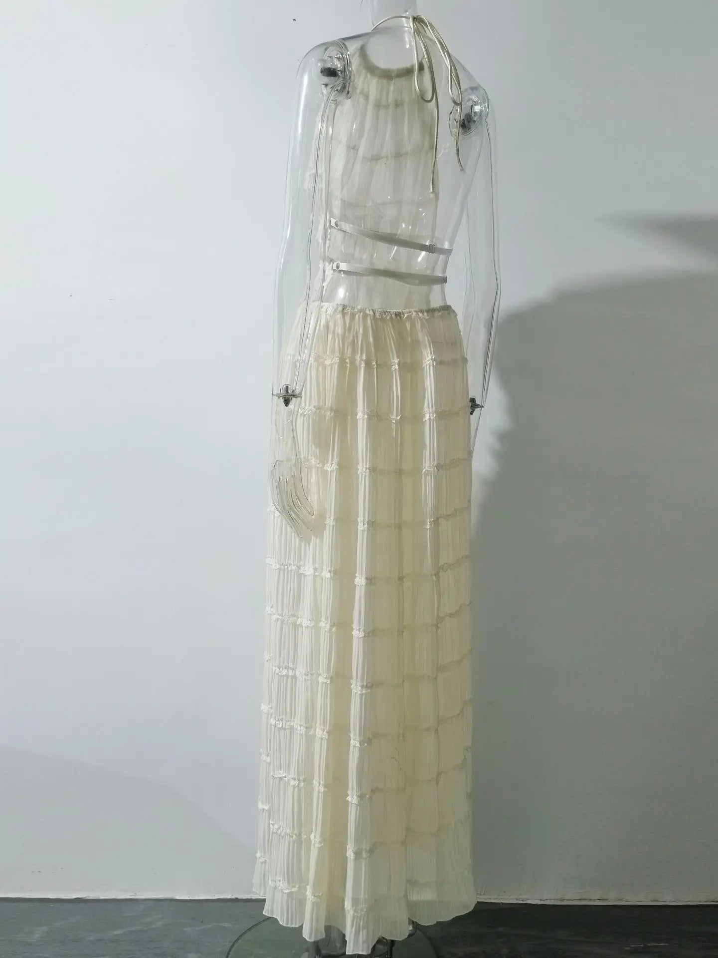 Sheer Lace Up Ruched Skirt Set
