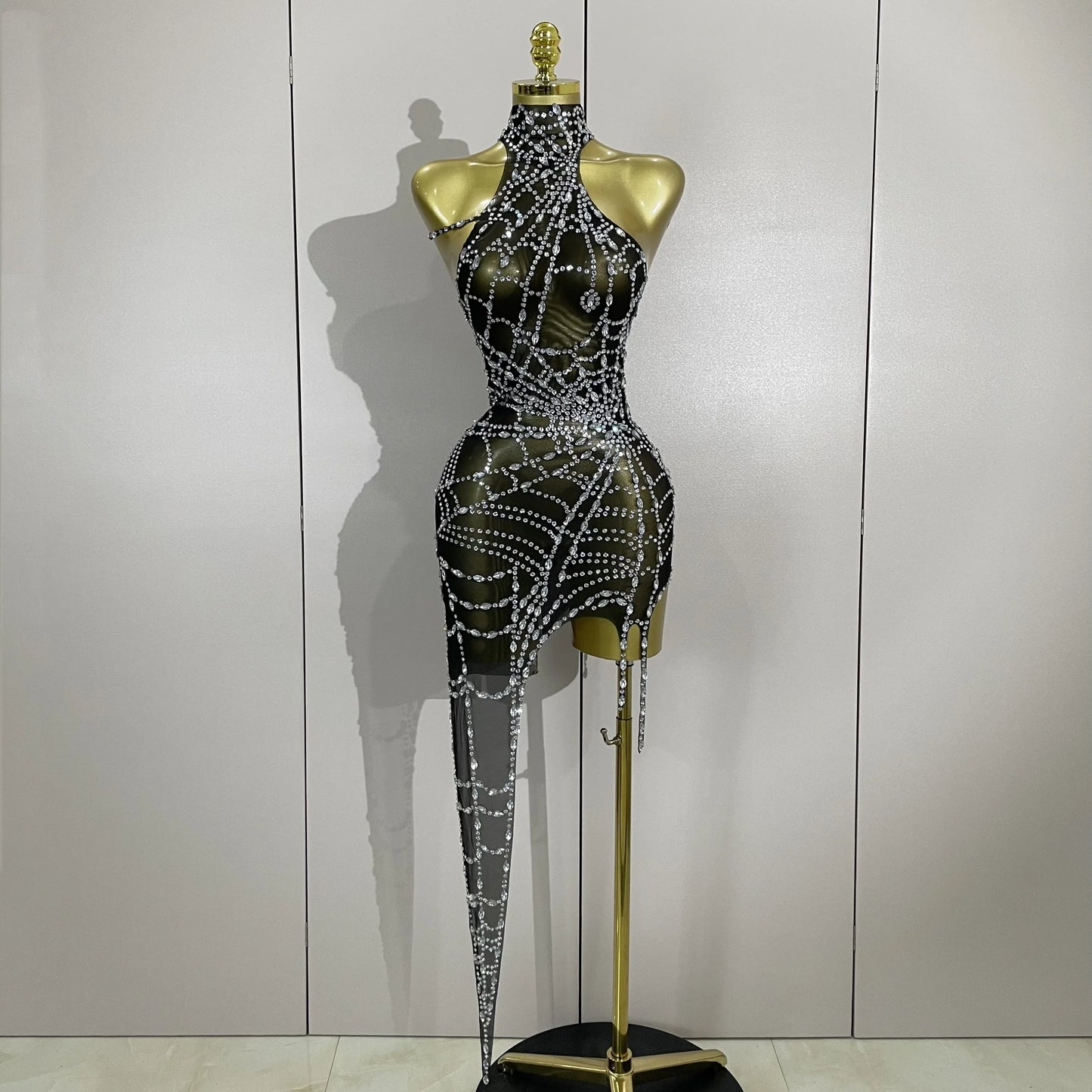 Rhinestone Mesh Asymmetric Mini Dress