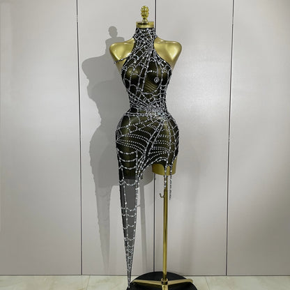 Rhinestone Mesh Asymmetric Mini Dress