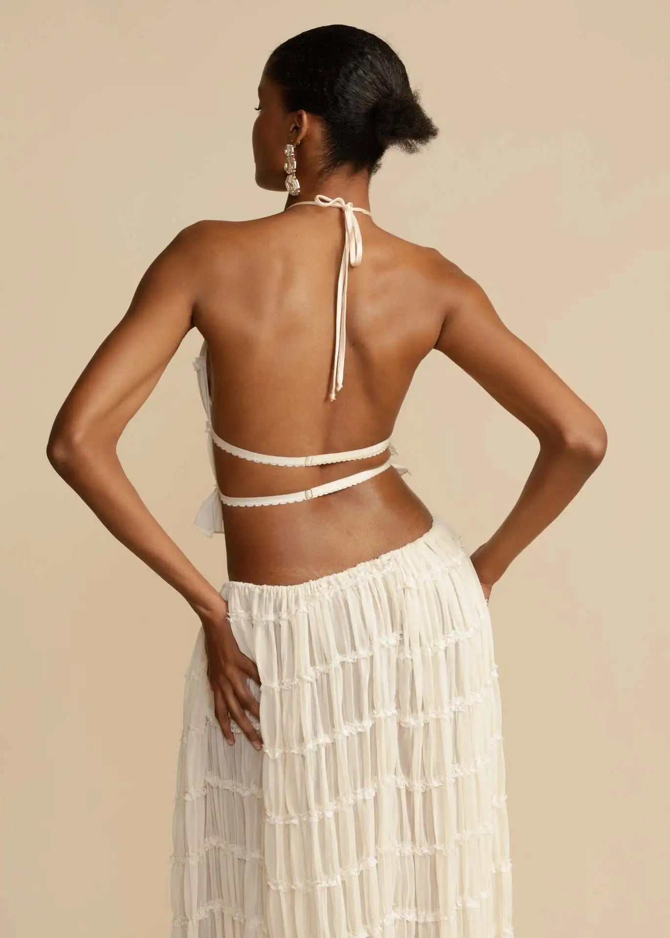 Sheer Lace Up Ruched Skirt Set