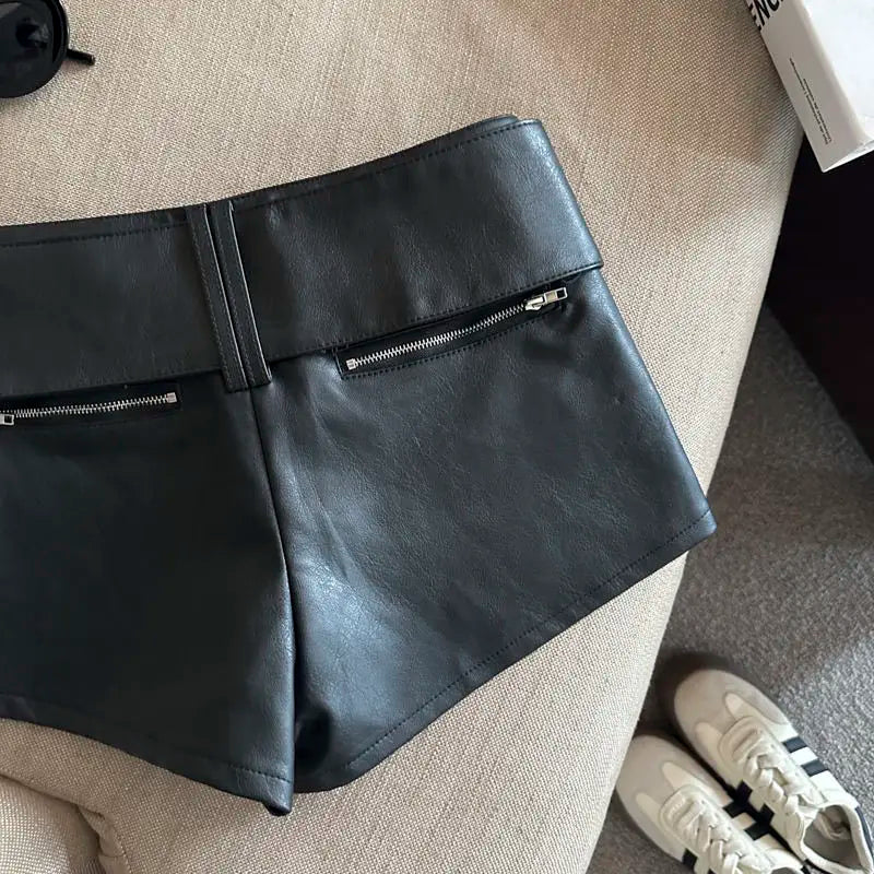 Wide Belt Black Leather Shorts