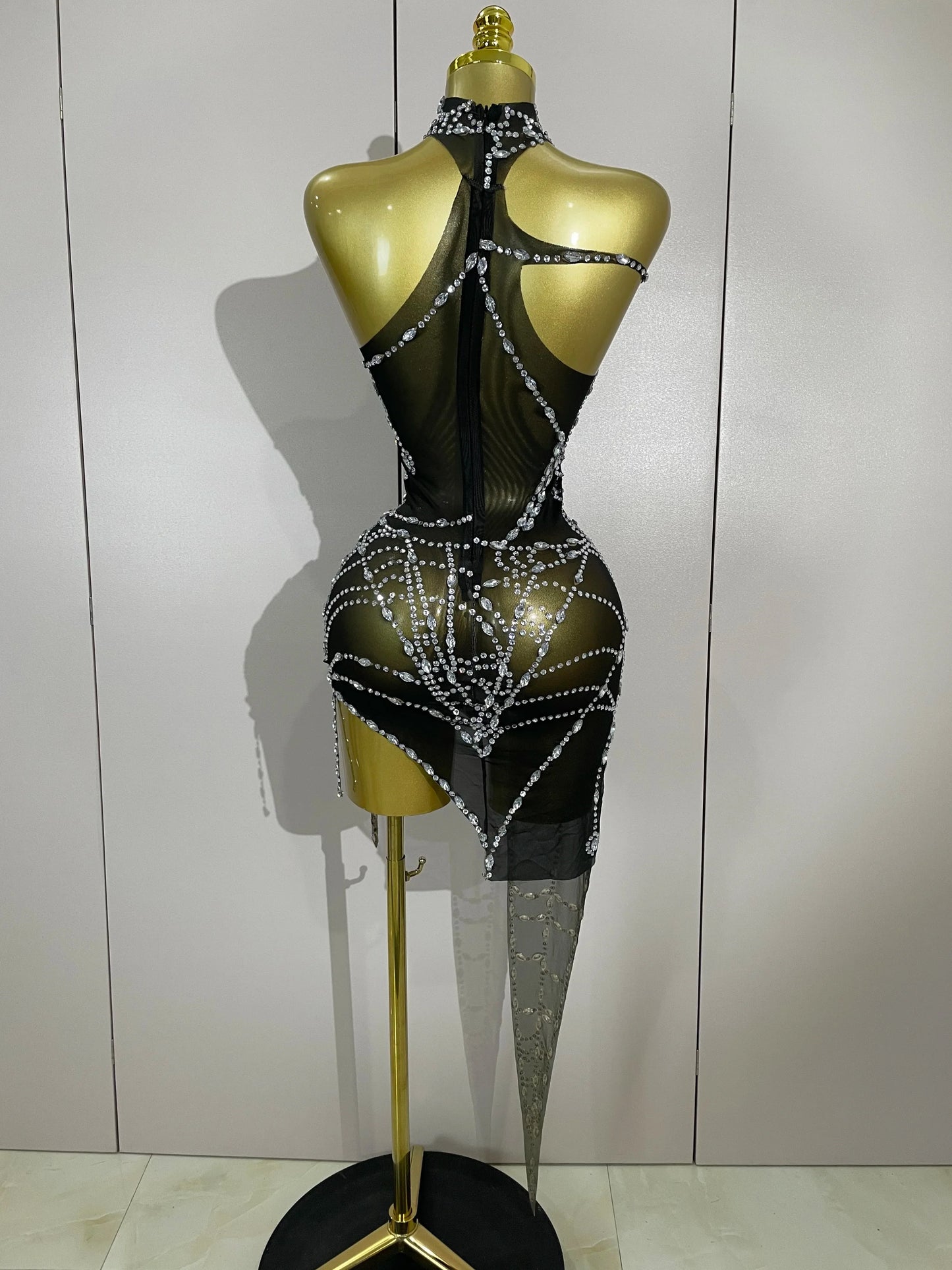 Rhinestone Mesh Asymmetric Mini Dress