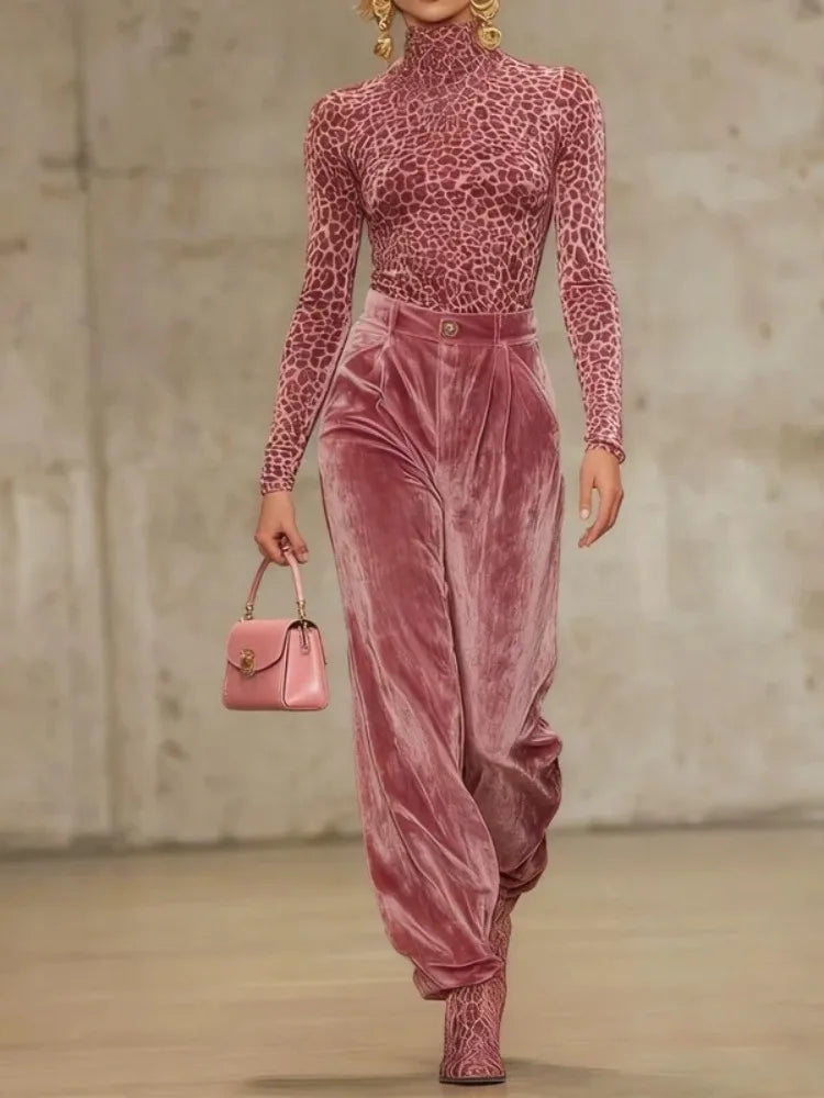 Pink Smooth Velvet Pleated Trousers