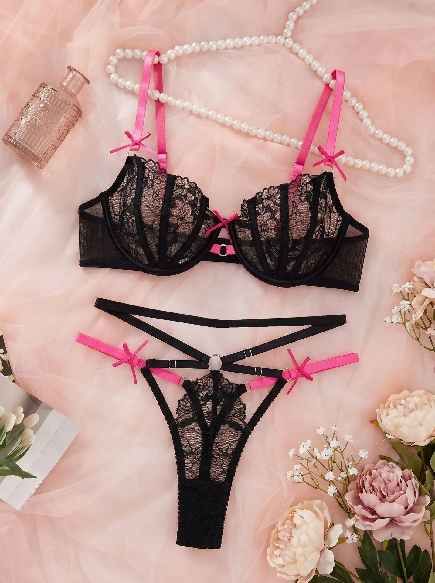Black Cute Pink Bowknot Lingerie