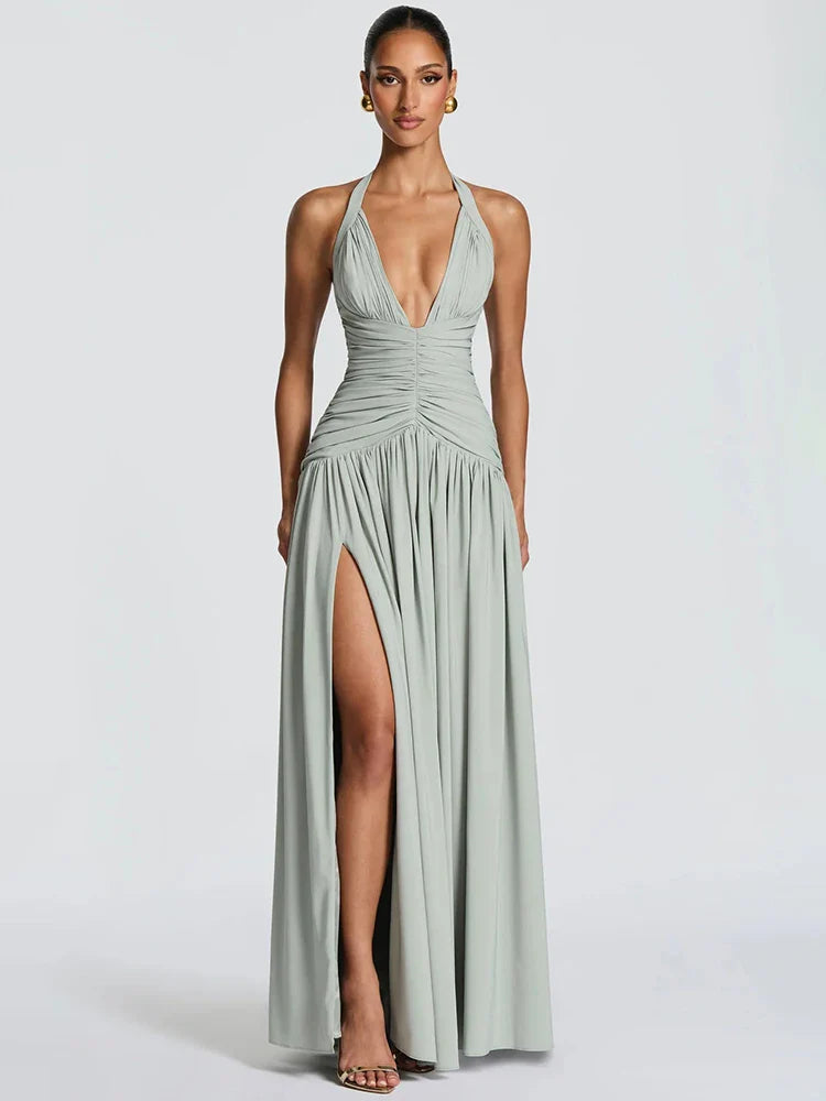 Halter Deep V Neck Backless Long Dress