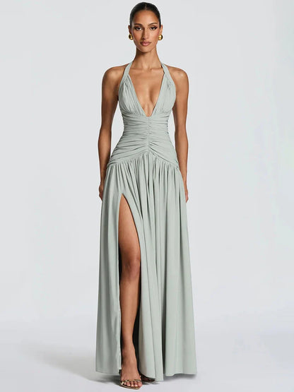 Halter Deep V Neck Backless Long Dress