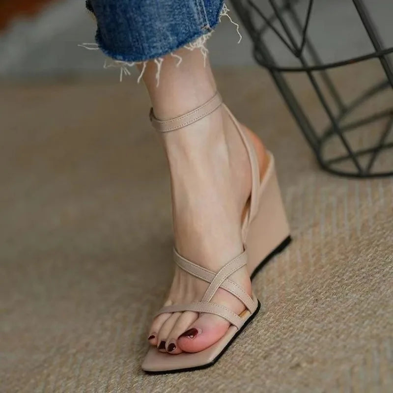 Square Toe Buckle Wedges Sandals