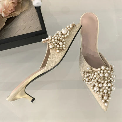 String Beads Pointed Toe Mules Shoes