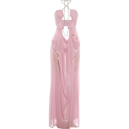 See-Through Halter Chain Backless Long Dress