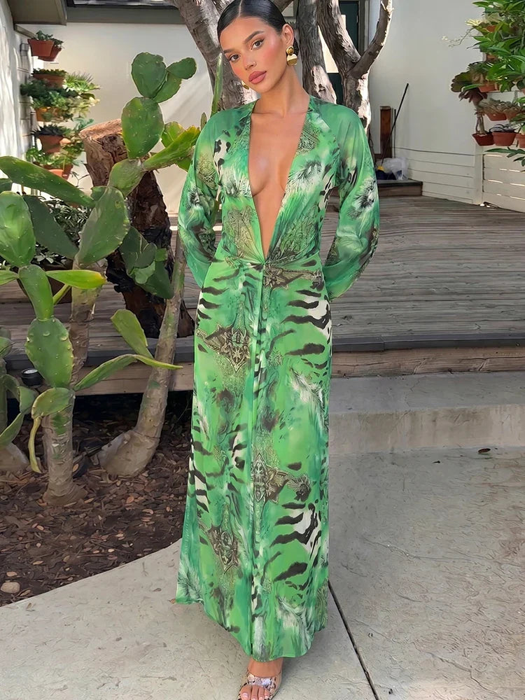 Lantern Sleeve Tiger Stripe Maxi Dress