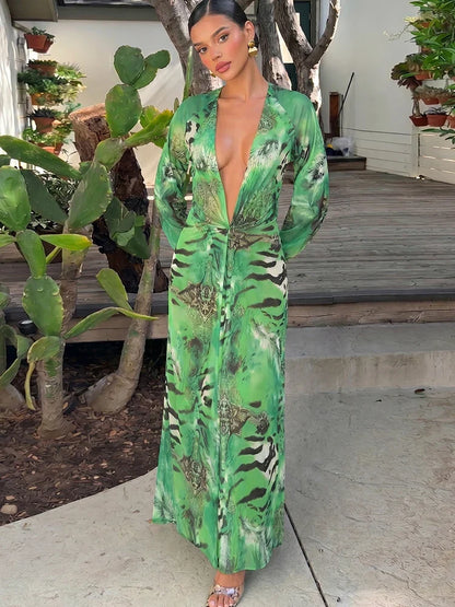 Lantern Sleeve Tiger Stripe Maxi Dress