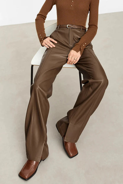 Minimalist Solid Leather Straight Fit Pants
