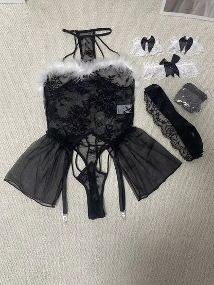 Sheer Floral Lace Feather Trim Teddies