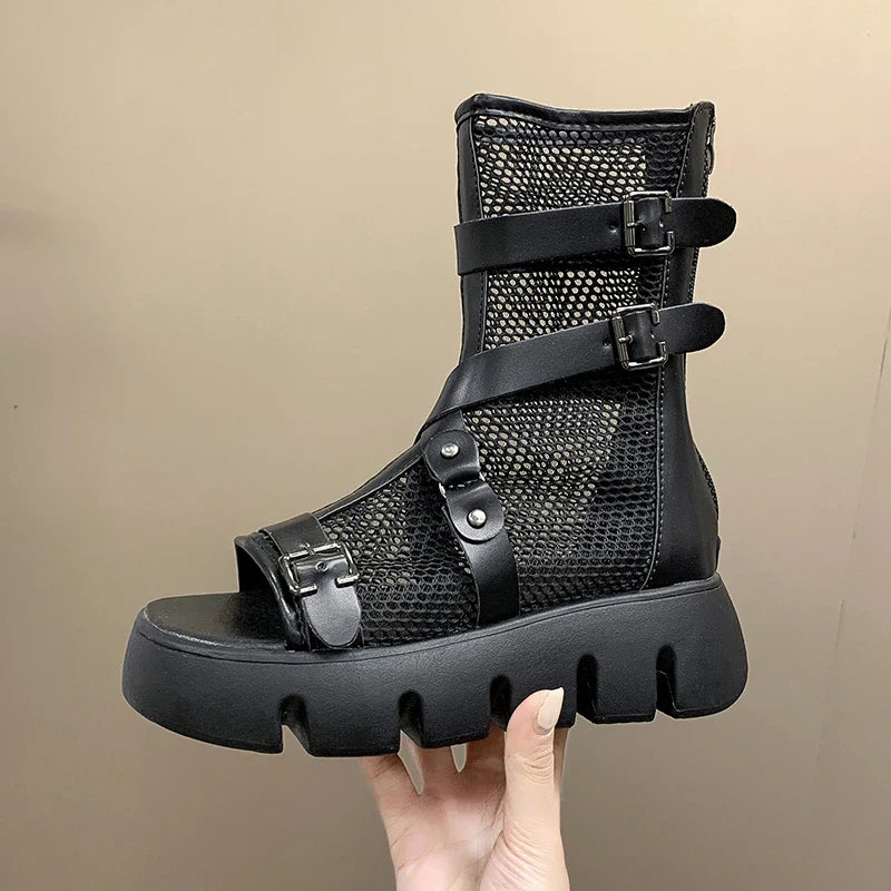 Mesh Cloth Riveted Belt Boots