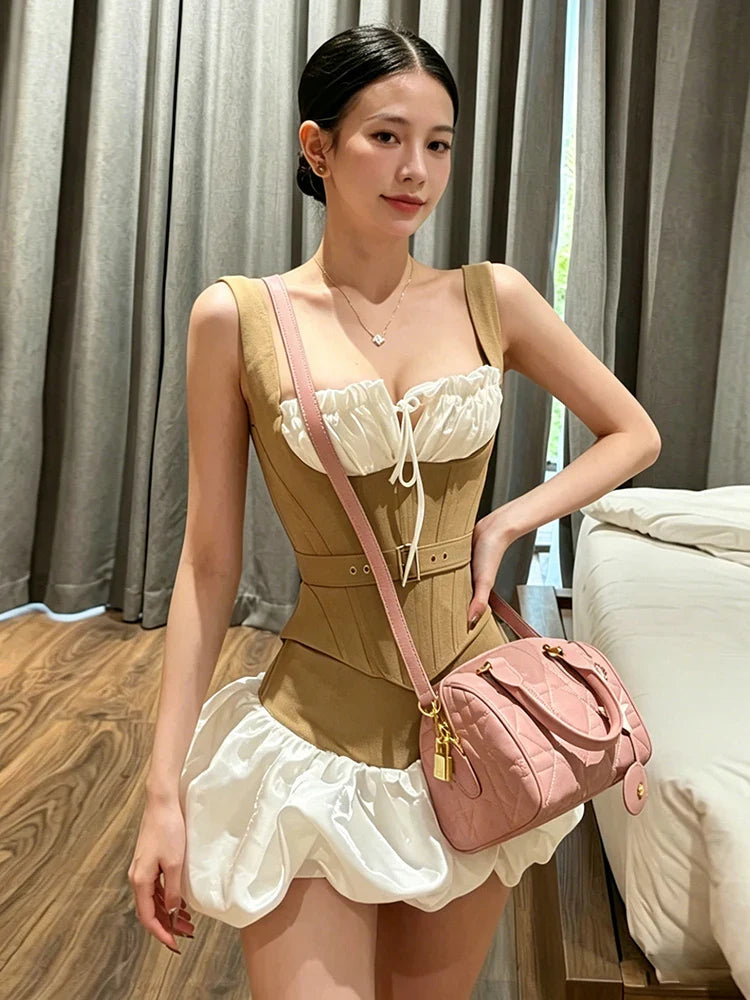 Belt Decoration Vest Puffy Skirt Set