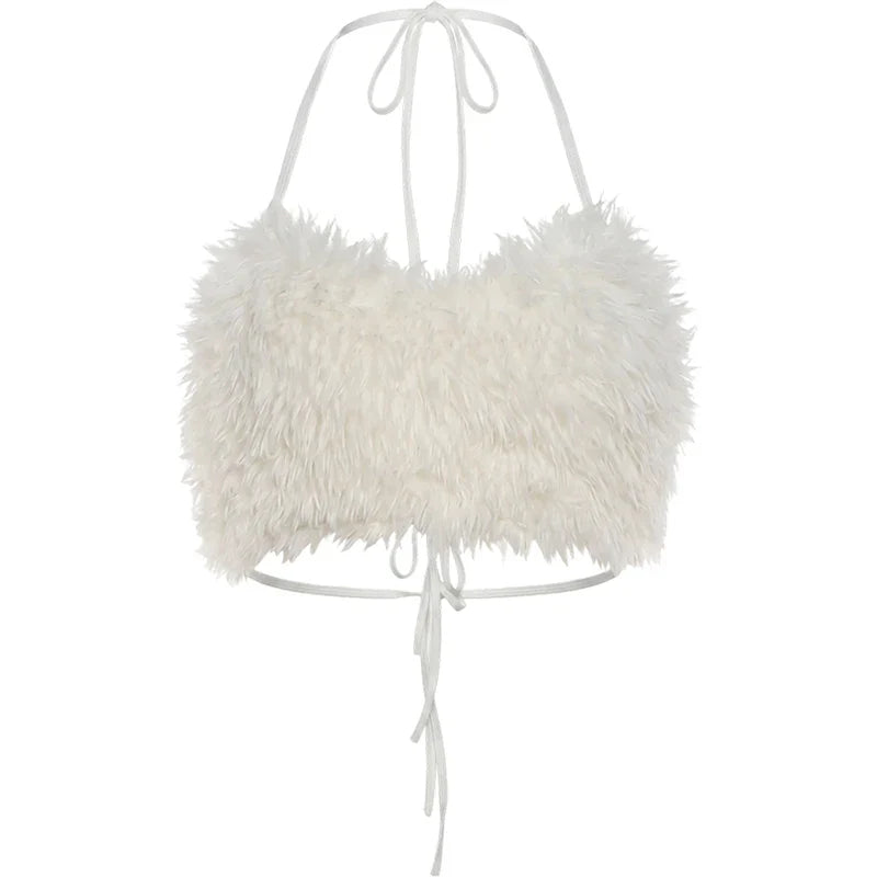White Faux Furs Backless Crop Top
