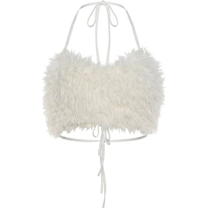 White Faux Furs Backless Crop Top