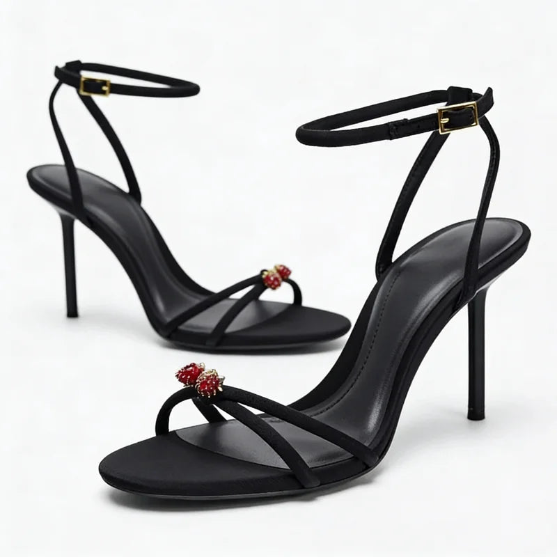 Black Ankle Strap Thin Heels Sandals