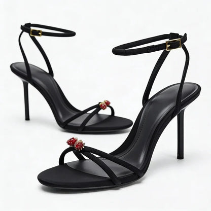 Black Ankle Strap Thin Heels Sandals