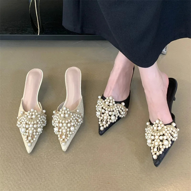 String Beads Pointed Toe Mules Shoes