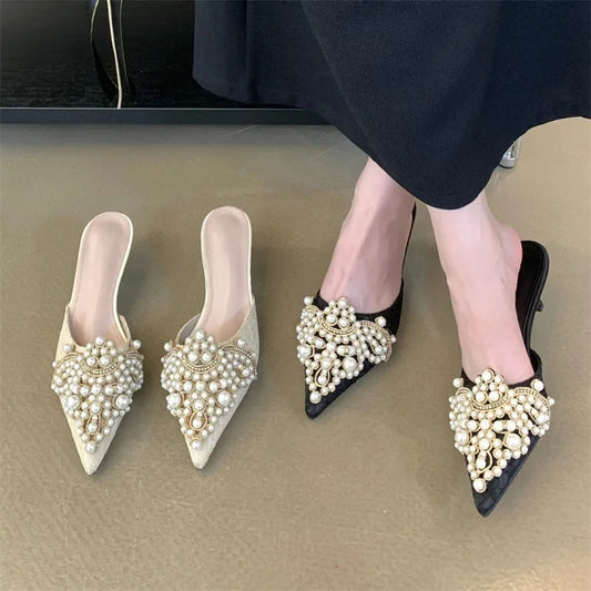 String Beads Pointed Toe Mules Shoes