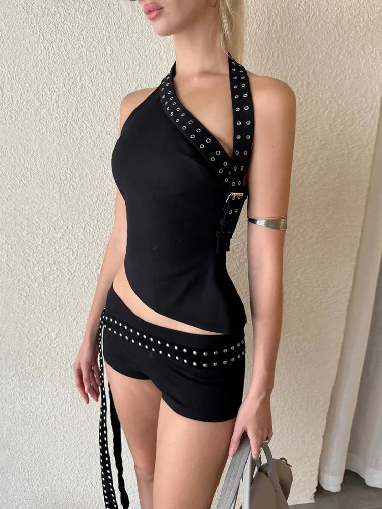 Inclined Collar Crop Top Shorts Set