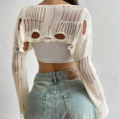 Ripped Long Sleeve Crochet Crop Top