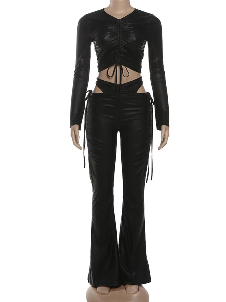 Black Hollow Shirring Pants Set