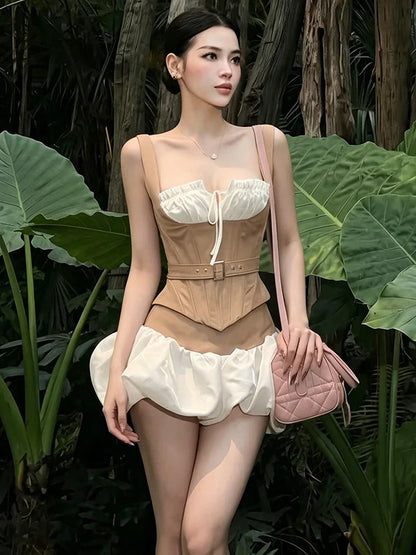 Belt Decoration Vest Puffy Skirt Set