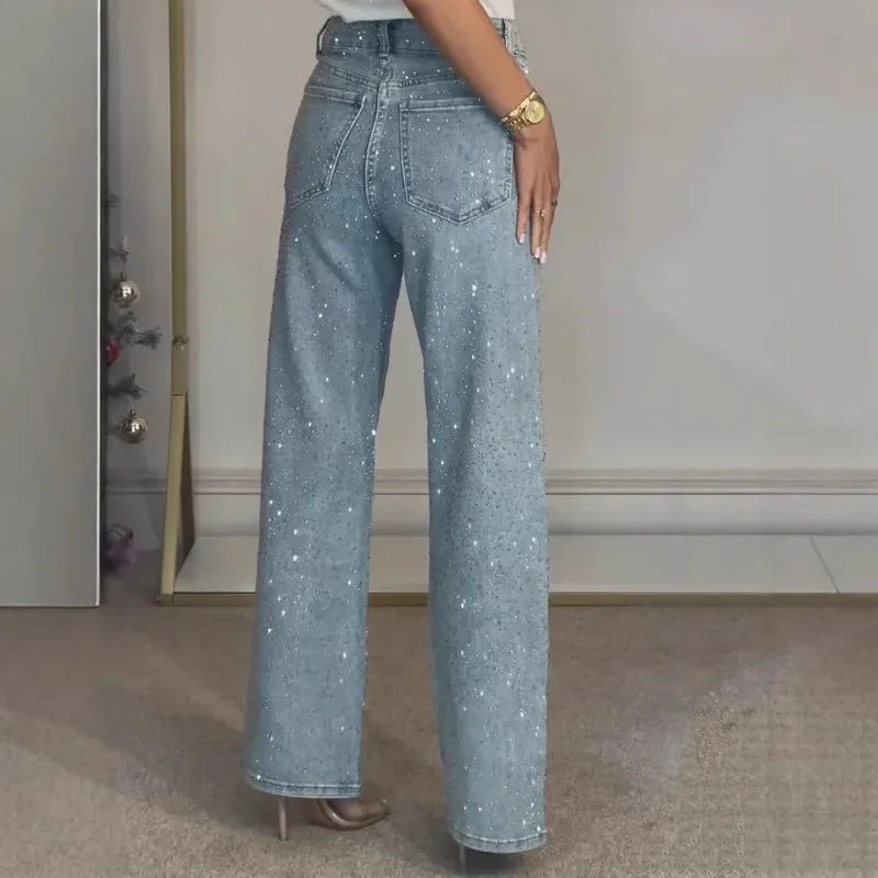 Rhinestone High Waist Straight Jeans