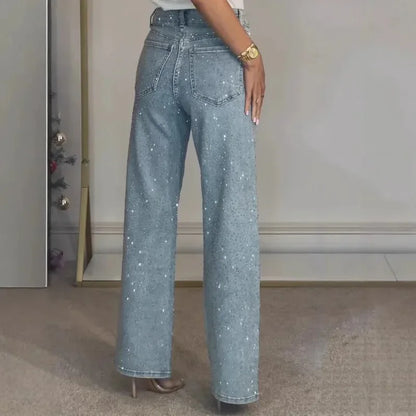 Rhinestone High Waist Straight Jeans