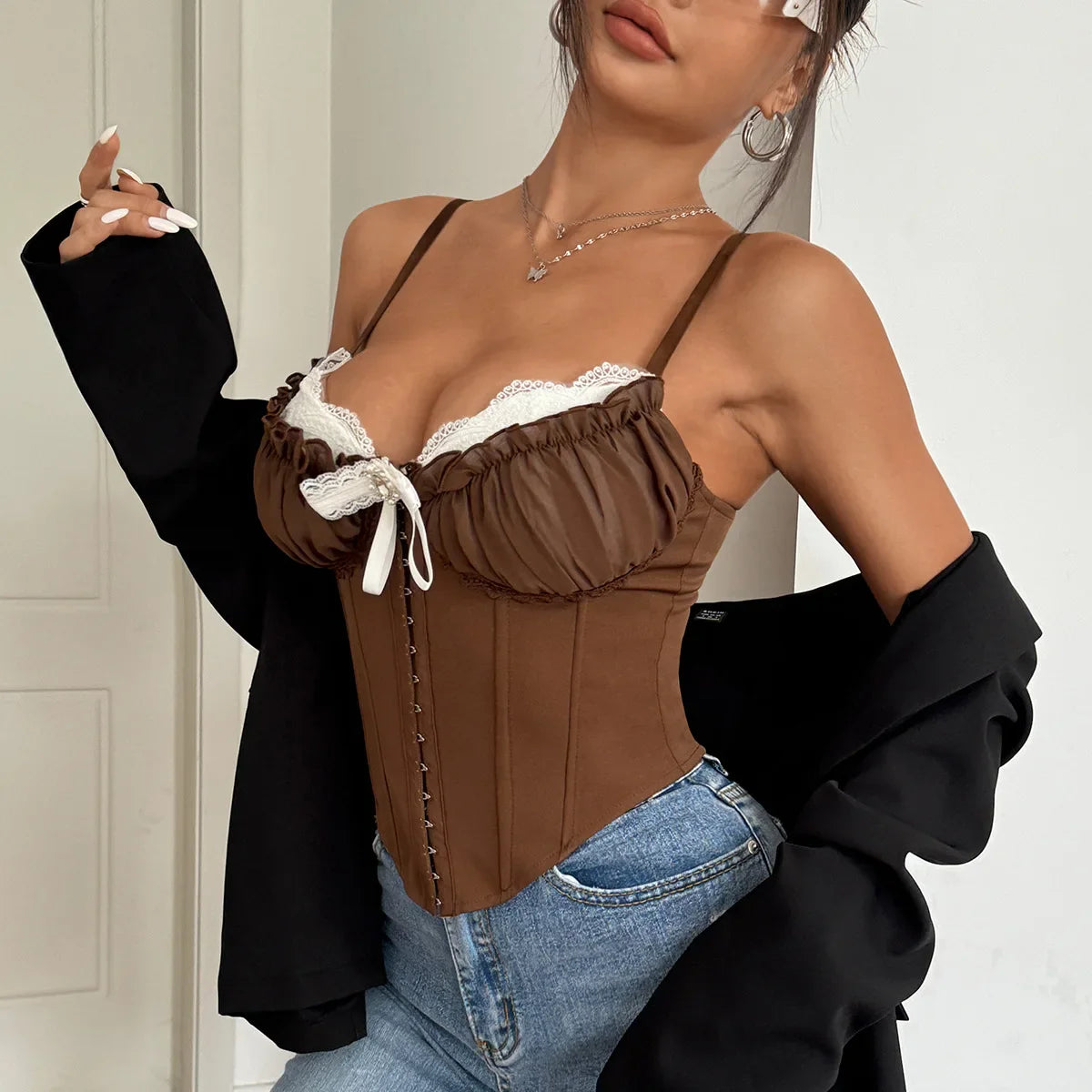 Patchwork Pleated Bowknot Bustier