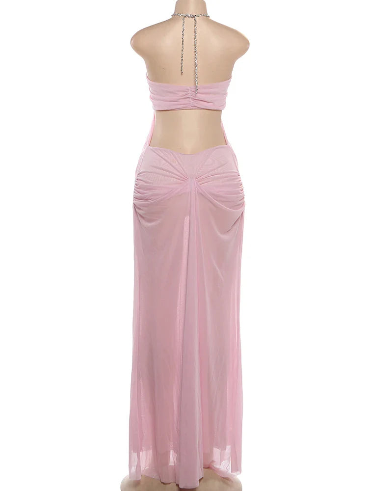 See-Through Halter Chain Backless Long Dress