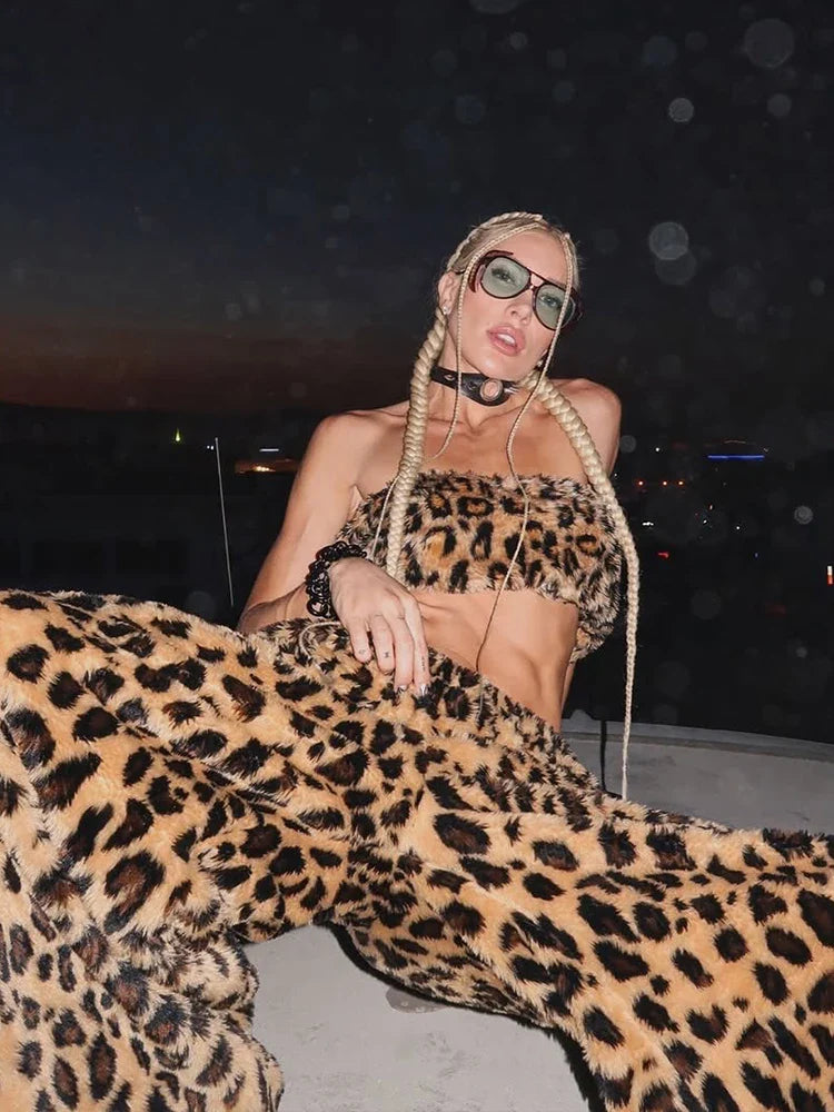 Furry Leopard Print Pants Set