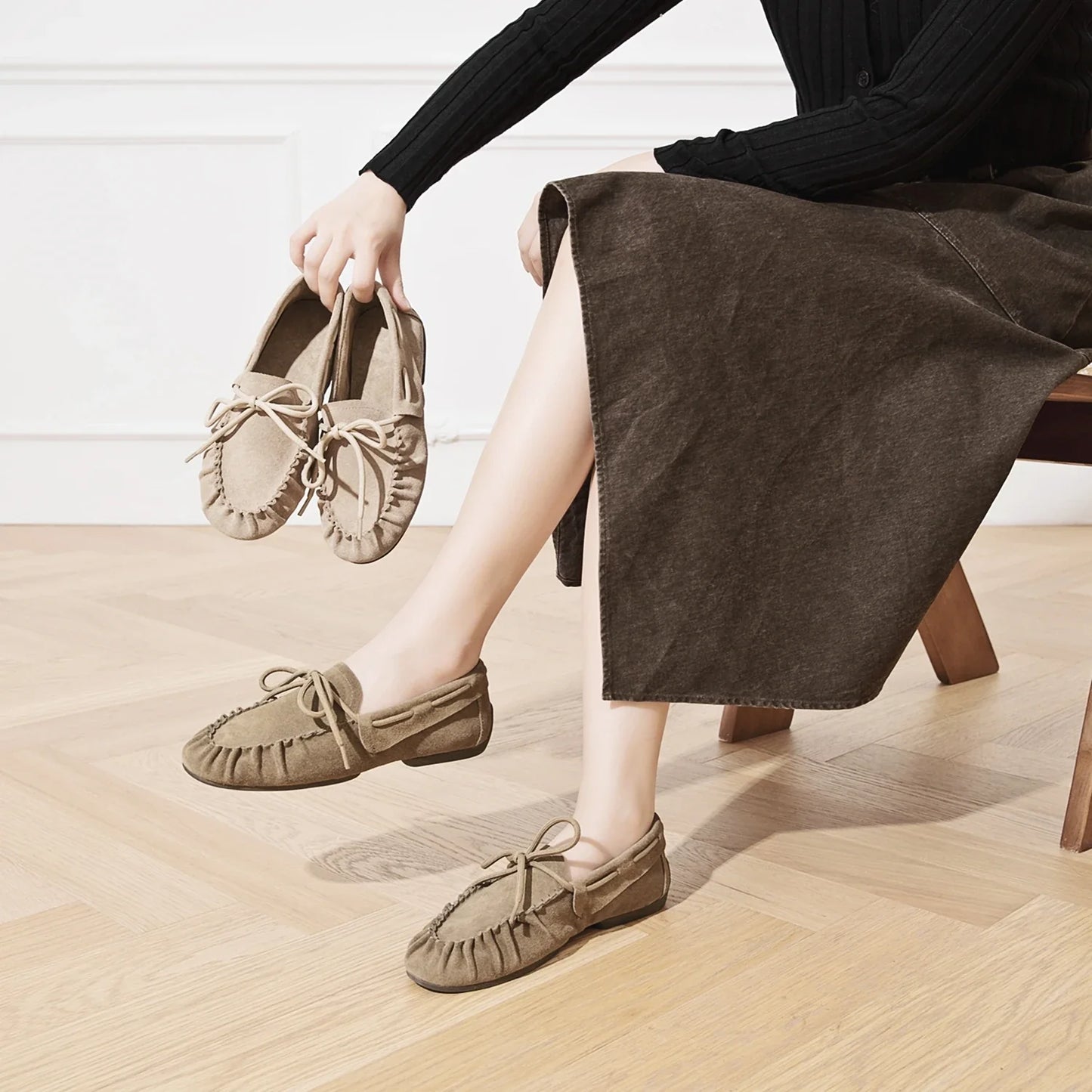 Bow Tie Solid Suede Flat Loafers
