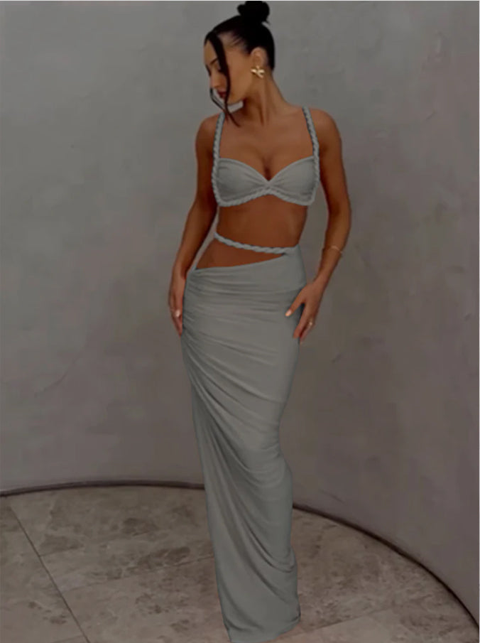Slim Fit Halter Pleated Skirt Set