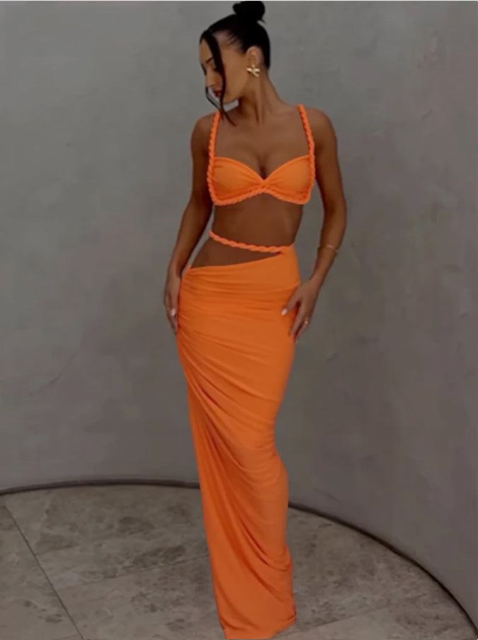 Slim Fit Halter Pleated Skirt Set