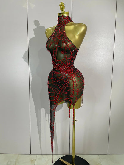 Rhinestone Mesh Asymmetric Mini Dress