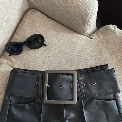 Wide Belt Black Leather Shorts
