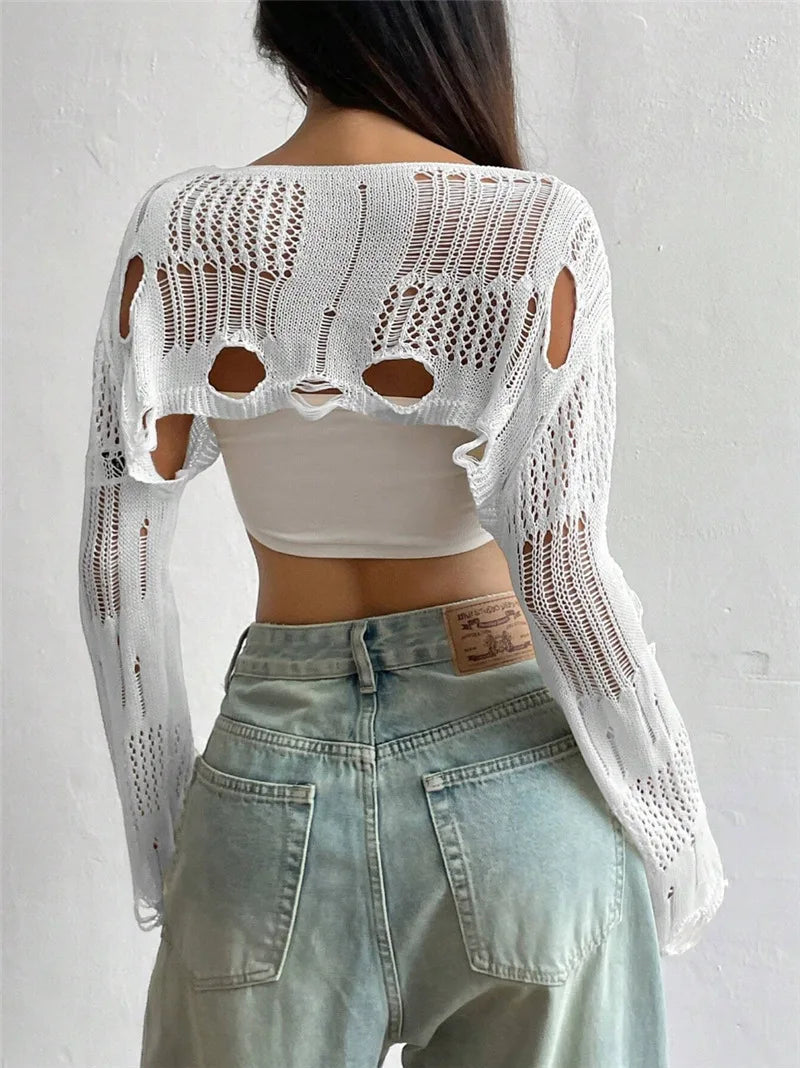 Ripped Long Sleeve Crochet Crop Top