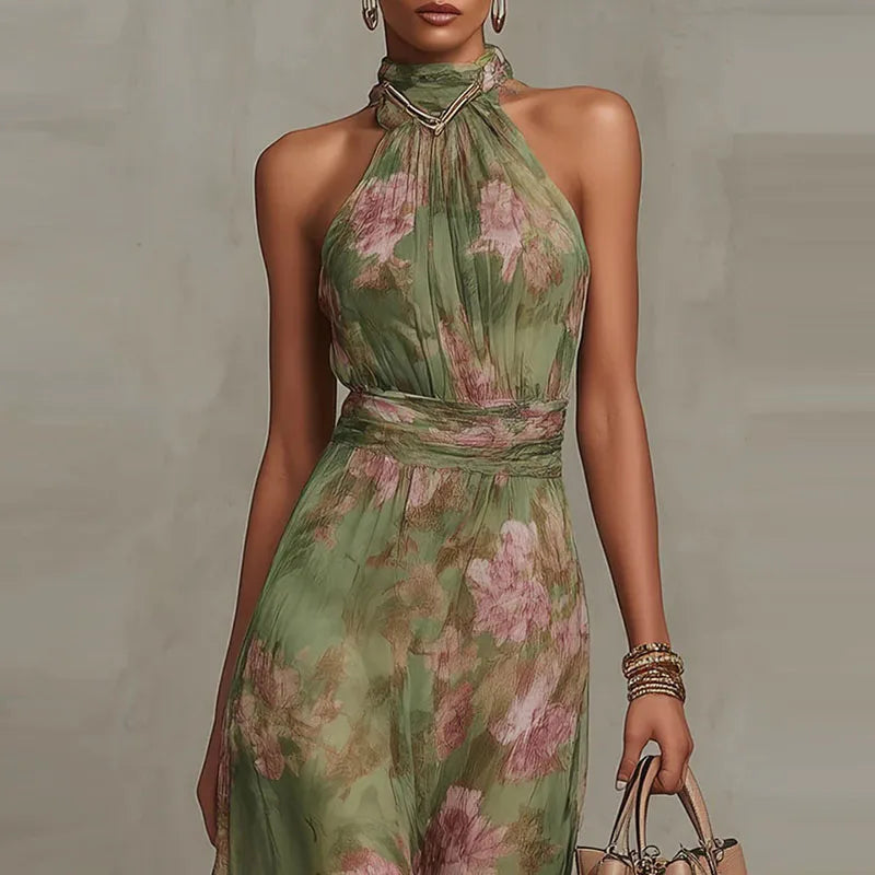 Elegant Halter Green Floral Maxi Dress