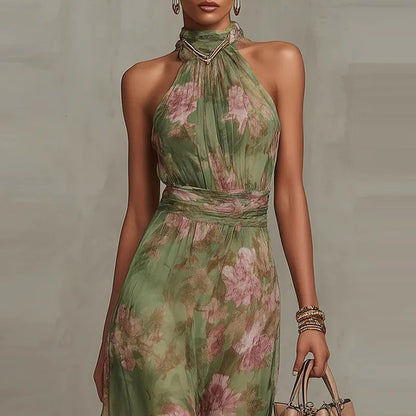 Elegant Halter Green Floral Maxi Dress