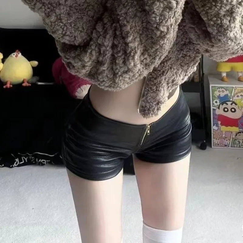 Low Waist Leather Zipper Shorts