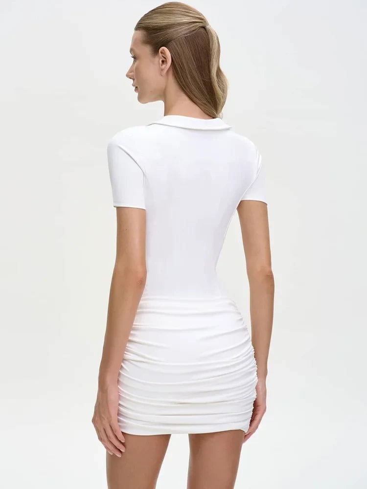 Solid Ruched Polo Collar Mini Dress
